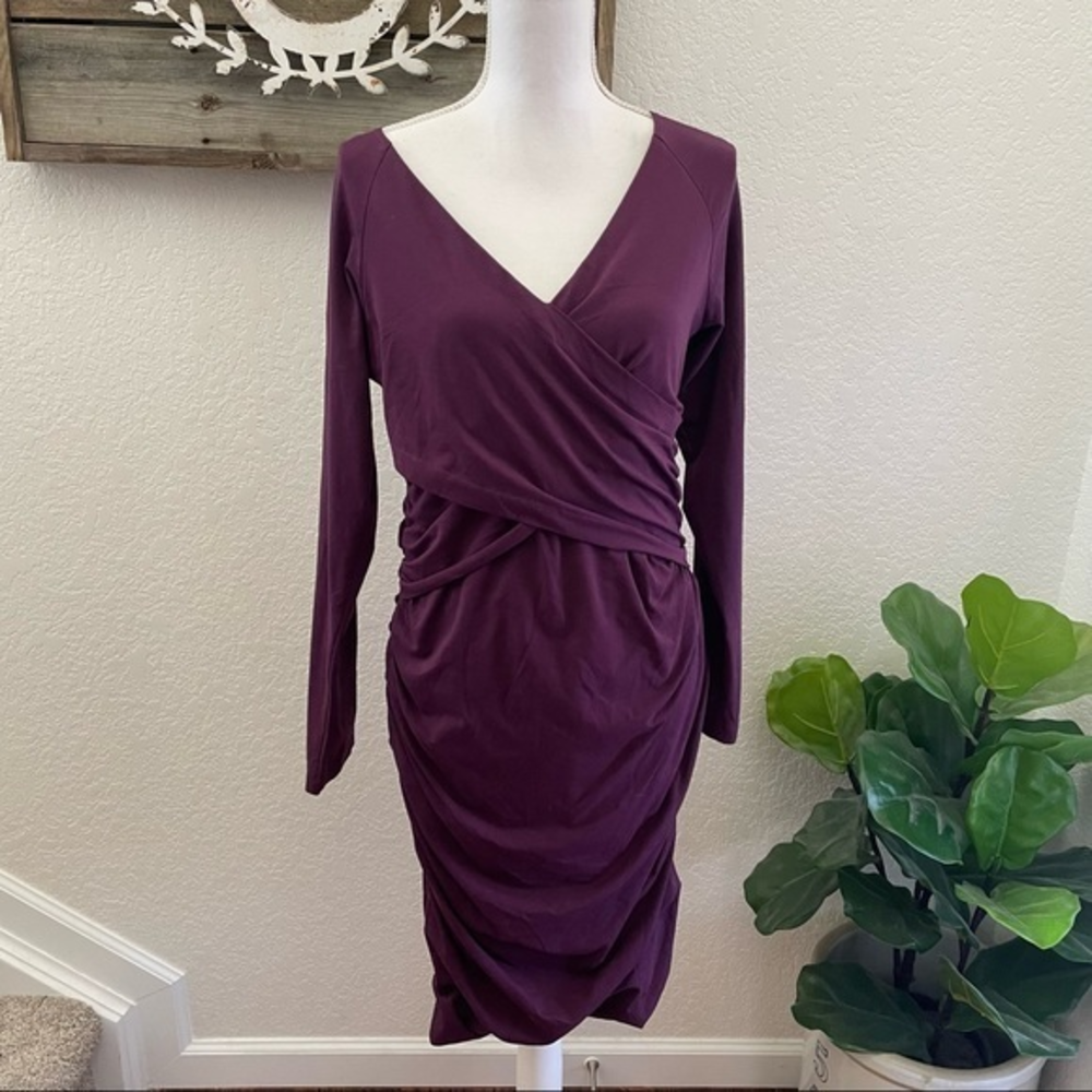 Sundance purple faux wrap body con stretch knit dress size Large